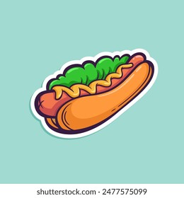 Pegatina de garabato color comida rápida. Hotdog con mostaza en estilo de comics retro. Vector dibujado a mano ilustración de perro caliente aislado en blanco. Salchicha en pan.