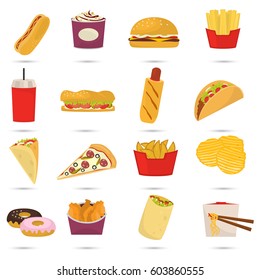 Fast food color flat icons set for web and mobile design