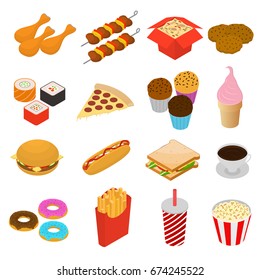 Fast Food Color Icon Set Isometric View for Menu with Hotdog Pizza Chicken and Donut Element. Vector illustration