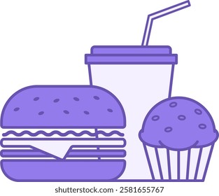 Fast Food Color Icon. Vector Icon. Junk Food. Hamburger, Cupcake, and Soda with Straw. Restaurant Concept
