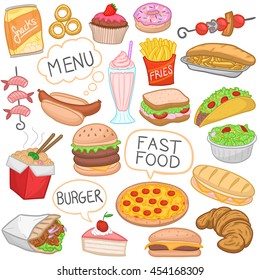 Fast Food Color Isolated Doodle Icons Hand Made vector illustration sketch.