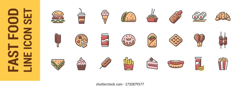 Fast food color line icon set. Burger sandwich pizza hot dog cola coffee sweets