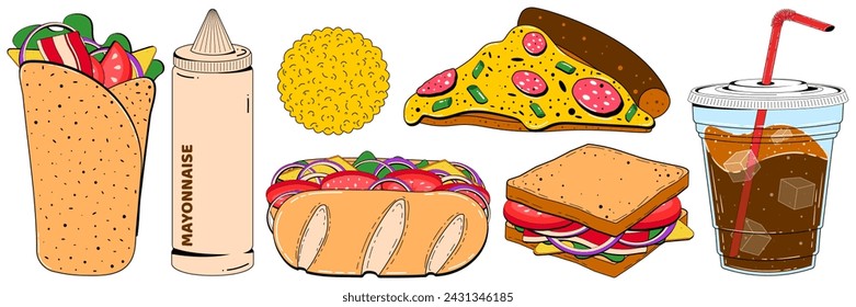 Fast food color set in retro linear style. Vector illustration of a piece of pizza, soda, sandwich, shawarma, mayonnaise hand drawn for restaurant menu, advertisement, flyer.