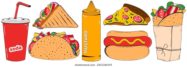 Fast food color set in retro linear style. Vector illustration of a piece of pizza, soda, sandwich, shawarma, taco, hot dog, hand drawn for restaurant menu, advertisement, flyer.