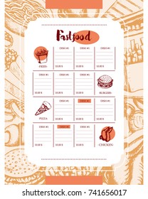 Fast food - color vector hand drawn vintage template menu with copy space. Realistic chicken wing, nugget, cheeseburger, French fries, noodles, popcorn, sausage, pizza, sandwich. Represent your diner.