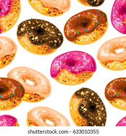 Fast food colored seamless background pattern donuts with different flavors vanilla chocolate and pink vector illustration