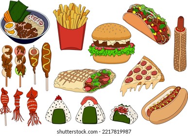 Fast food. Colored vector illustration of street food flat style.
