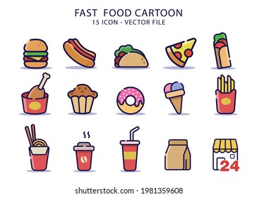 Fast Food Colorful Bold Line And Simple Icon 15 Set.