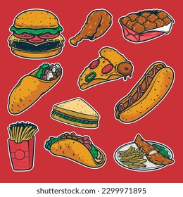 fast food colorful doodle hand drawn, drawing burger, frech fries, taco, burrito, hot dog, and pizza sanwich vector illustration.