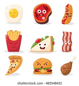 Fast Food Colorful Emoticon Face Flat Design Icons Set. Emoticon Fast Food Funny Elements Vector Character. Different Emotions Collection Fast Food Characters Smile Fun Steak Bacon Hot Dog. 