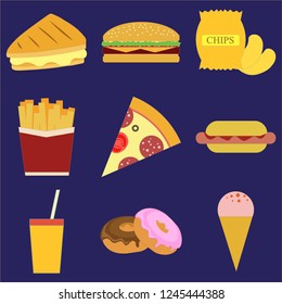 fast food colorful flat design icons set. template elements for web and mobile applications