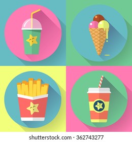 fast food colorful flat design icons set. template elements for web and mobile