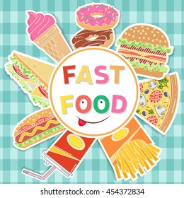 Fast food colorful flat design. Elements on the theme of the restaurant business card, banner, template. Ice cream, hot dog, french fries, soda cup, pizza slice, burger, sandwich and donut.