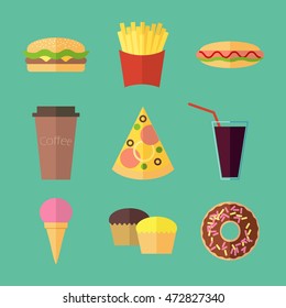 Fast food colorful flat design icons set.