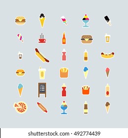 Fast food colorful flat design icons set. Fast food template elements. Vector Fast food Illustration.