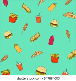 Fast food colorful flat sketch hand drawn icon set. Fast food background with soda drink, sandwich, hamburger, pizza, mustard, ketchup, french fries on the green backround