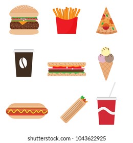 Fast food colorful icons collection. Vector cartoon flat style illustration isolated on white.