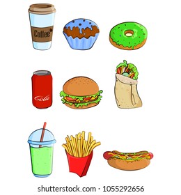Fast food colorful icons collection. Vector cartoon flat style illustration isolated on white.