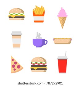 Fast food colorful icons collection. Vector cartoon flat style illustration isolated on white.