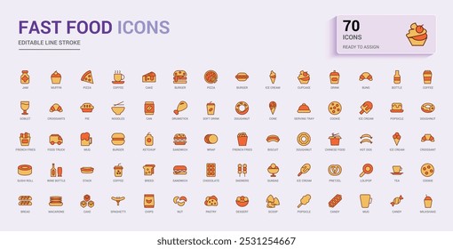 Fast food colorful line icons set. Related to Burger, donut line and solid color icon collection for web and ui. Outline symbol pack, Icon names are written in English.