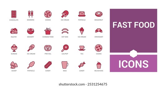 Fast food colorful line icons set. Related to Burger, donut line and solid color icon collection for web and ui. Outline symbol pack, Icon names are written in English.