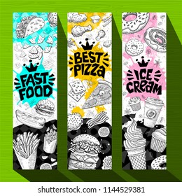 Fast food colorful modern banners set labels. Fast food. Best pizza. Ice cream. Hot dog, hamburger, coffee, donuts, nuggets, tacos. Bright food sketches composition. Hand drawn vector illustration.