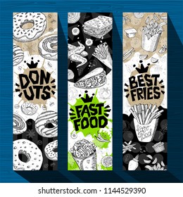 Fast food colorful modern banners set labels. Fast food. French fries. donuts. Hot dog, hamburger, coffee, wings, nuggets, tacos. Bright cool food sketches composition. Hand drawn vector illustration. 