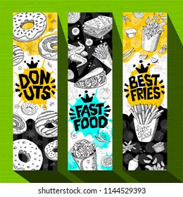 Fast food colorful modern banners set labels. Fast food. French fries. donuts. Hot dog, hamburger, coffee, wings, nuggets, tacos. Bright cool food sketches composition. Hand drawn vector illustration.