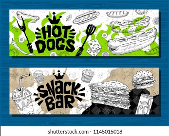 Fast food colorful modern banners set labels. Fast food.Snack bar. Hot dog, hamburger, coffee, wings, nuggets, tacos. Bright cool food sketches composition. Hand drawn vector illustration.