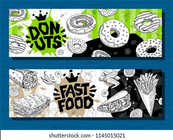 Fast food colorful modern banners set labels. Fast food. French fries. donuts. Hot dog, hamburger, coffee, wings, nuggets, tacos. Bright cool food sketches composition. Hand drawn vector illustration.