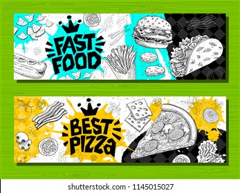 Fast food colorful modern banners set labels. Fast food. Best Pizza. bacon. Hot dog, hamburger, coffee, wings, nuggets, tacos. Bright cool food sketches composition. Hand drawn vector illustration.