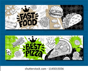 Fast food colorful modern banners set labels. Fast food. Best Pizza. bacon. Hot dog, hamburger, coffee, wings, nuggets, tacos. Bright cool food sketches composition. Hand drawn vector illustration.