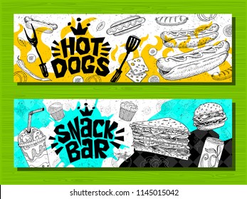 Fast food colorful modern banners set labels. Fast food.Snack bar. Hot dog, hamburger, coffee, wings, nuggets, tacos. Bright cool food sketches composition. Hand drawn vector illustration.