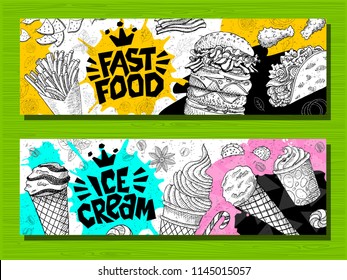 Fast food colorful modern banners set labels. Fast food. Ice cream. donuts. Hot dog, hamburger, coffee, wings, nuggets, tacos. Bright cool food sketches composition. Hand drawn vector illustration.