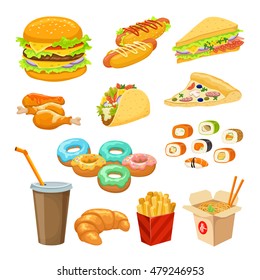Fast food colorful objects set with beverage and pastry taco pizza chicken legs sushi isolated vector illustration