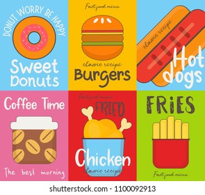 Fast Food Colorful Placard Collection in Flat Design Style. Vector Illustration. Posters for Restaurant, Cafe, Bar.