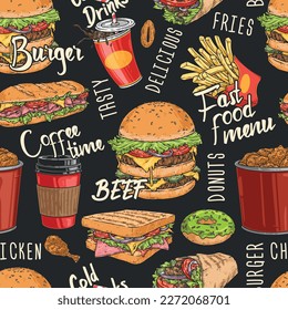 Fast food colorful seamless pattern with hamburgers and coffee or fried chicken in bucket for street restaurant menu vector illustration