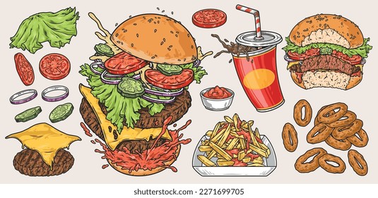 Fast food colorful set emblems with burger ingredients and fried onion rings with ketchup and glass of soda vector illustration