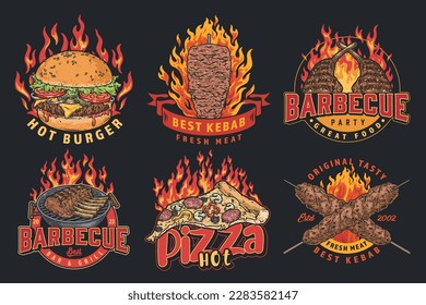 Fast food colorful set emblems with meat pork or beef cooked on fire for advertisement bars and restaurants vector illustration