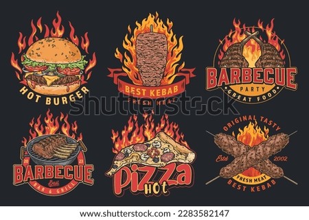 Fast food colorful set emblems with meat pork or beef cooked on fire for advertisement bars and restaurants vector illustration