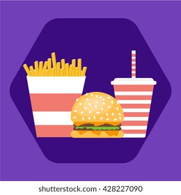 Fast food colorful set. Include: burger, french fries, beverage. Vector flat style illustration.