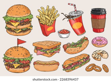 Fast food colorful set stickers with sandwiches and fried potatoes or soda drink from restaurant or roadside cafe vector illustration