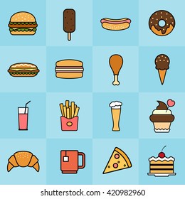 Fast food colorful thin line icons set. Template elements for web and mobile applications