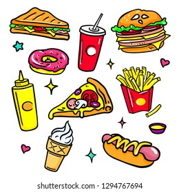 Fast food - colorful vector isolated stickers set on white background in trendy style. Bright images of soda, pizza, French fries, hot dog, hamburger, donut, pizza, sandwich. Perfect for mobile apps