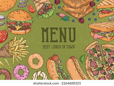 Fast food colorful vintage poster lunch menu with assortment hod dog or hamburgers and donuts and Belgian waffles vector illustration