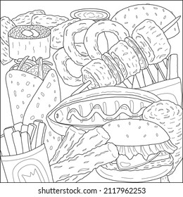 Fast Food Färbung Seite. Vektorgrafik, handgezeichnet.