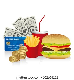 fast food combo with a burguer french fries, soda, coins, credit card and coins, vector illustration