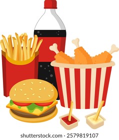 Fast Food Combo – Crispy Chicken, Hamburger, Soda, and French Fries. Vector Illustration