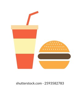 Fast food combo featuring a burger and a soft drink with colorful packaging ideal for quick meals. Vector illustration.