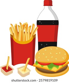 Fast Food Combo – Hamburger, Soda, and French Fries. Vector Illustration